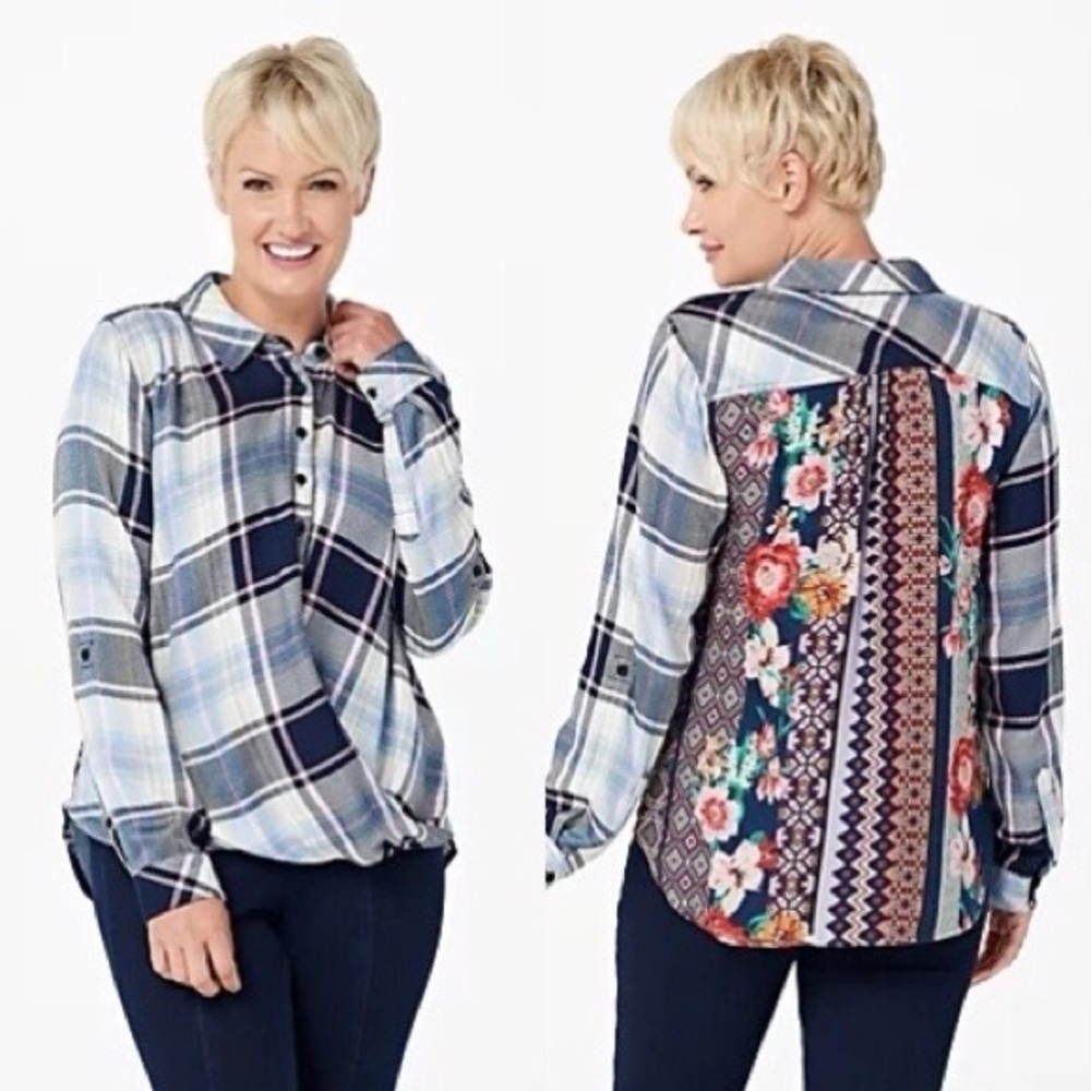 Tolani Pullover Twist Front Blue Plaid Button Down Top Floral Print Back XS